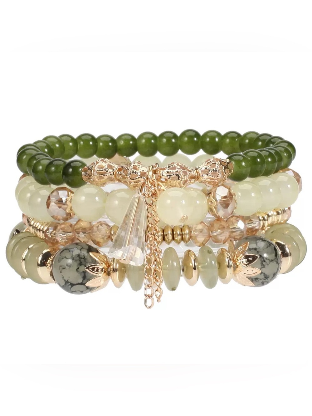 Green and gold beaded bracelet set with green, white, and gold beads
